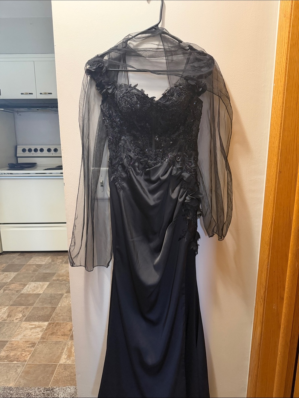 Bliss Black Sheer-Sleeve Evening Gown with Lace Bodice